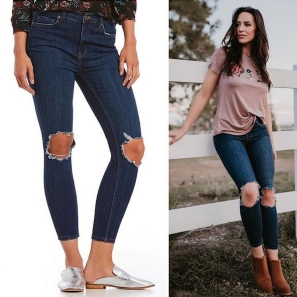 Free People Busted Knee Cropped Mid Rise Ankle Jeans in Stone Wash Sz 28